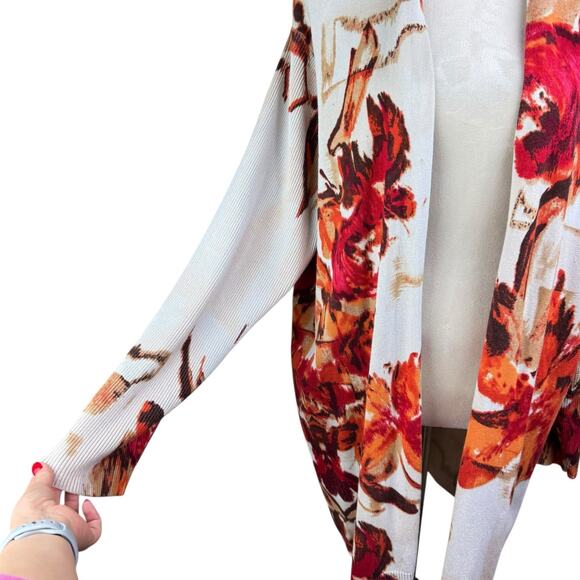 Carmen Marc Valvo 3X Plus Orange Red Beige Floral Knit Open Cardigan Sweater - Picture 6 of 11
